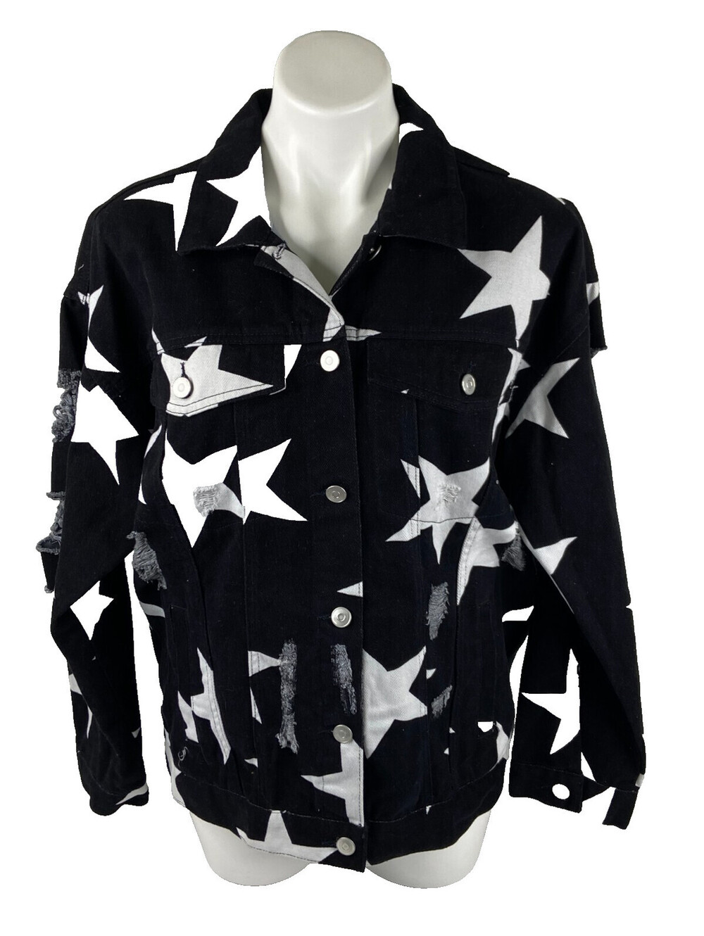Fantastic Fawn Women Medium Denim Jacket Black White Star Distressed NWT